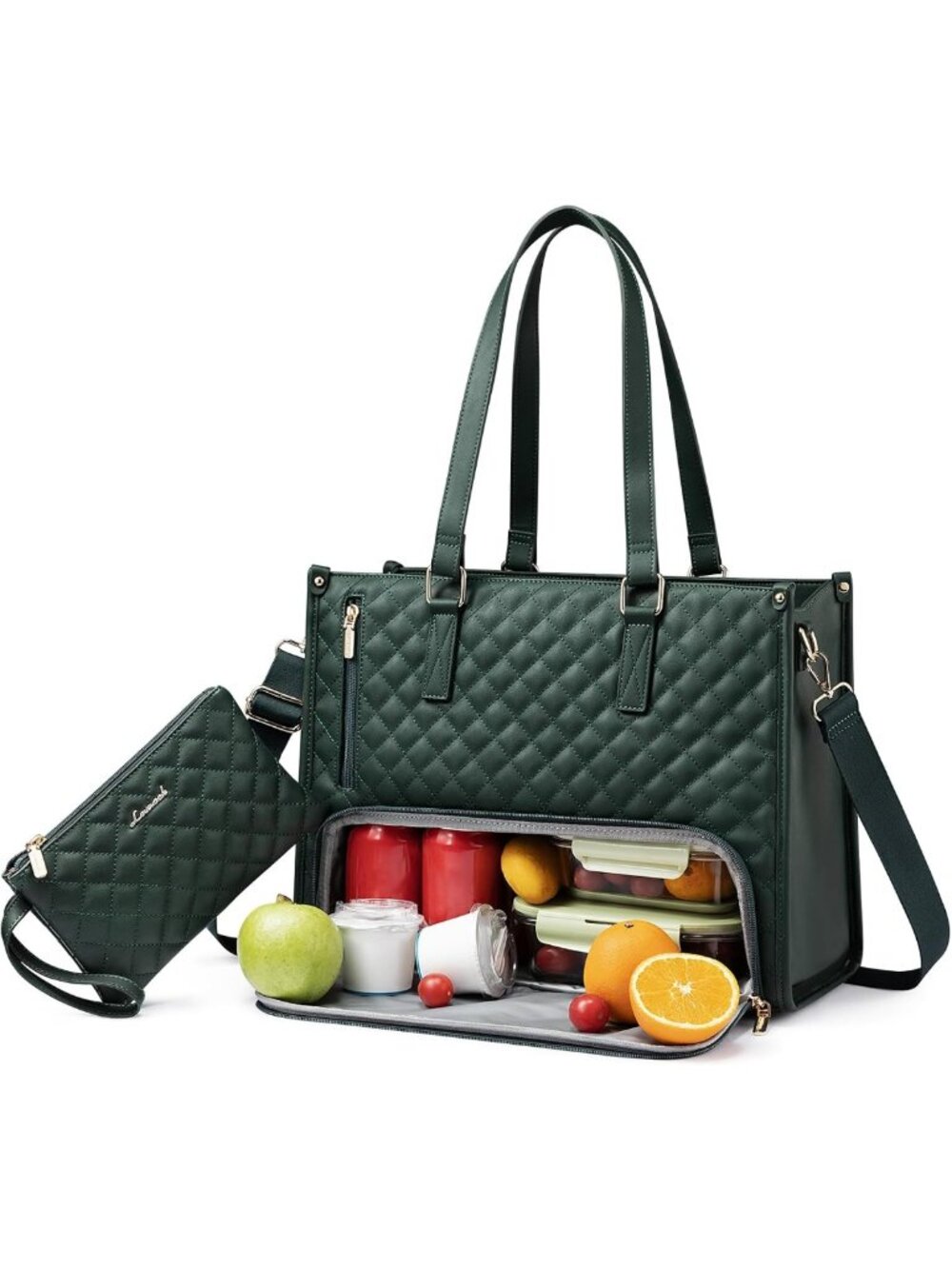 Stylish Insulated Lunch Tote & Laptop Bag for Women, Large Capacity, Green